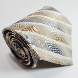 Paul Dione Tan & Gray Stripe Pattern Men's Silk Neck Tie Jacquard Fabric